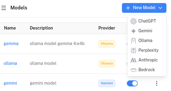 Karyam models screen showing configured models along with the new model provider dropdown.